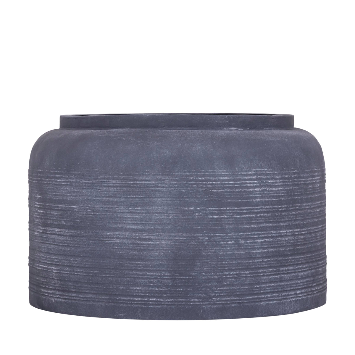 Lavada pot large van PTMD, brede lage antracietkleurige plantenpot van plaatijzer