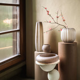 Levente Sand Carved Glass Bowl Shaped Vase Ribbed 19,5x17,5cm PTMD - Vaas - PTMD - livinglovely.nl