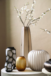 Levente Sand Carved Glass Round Vase Ribbed High Dia17x60cm PTMD - Vaas - PTMD - livinglovely.nl