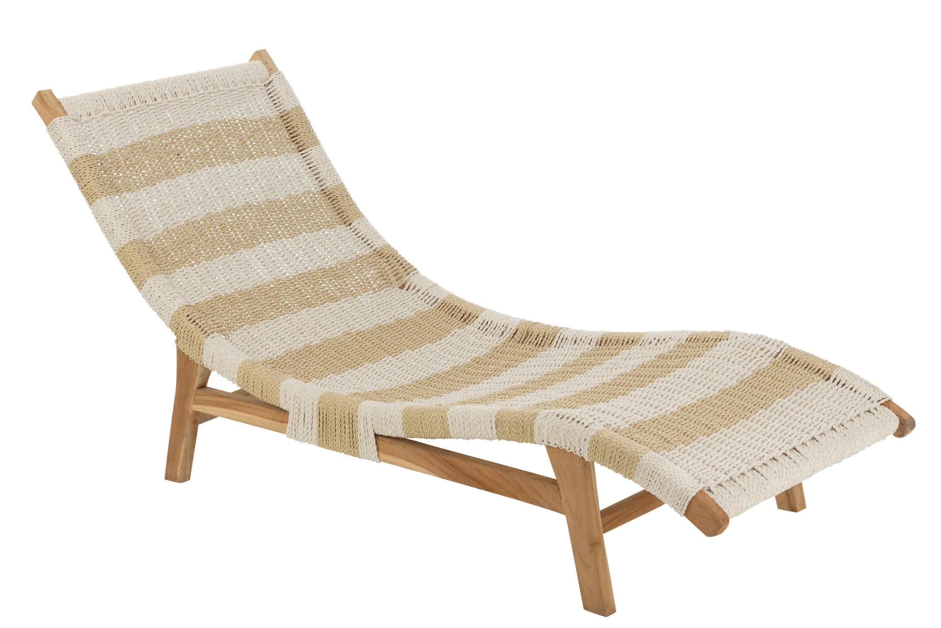 Ligbed + Kussen Strepen Geweven Plastiek/Teak Wit/Naturel - Ligbed - J-Line - livinglovely.nl