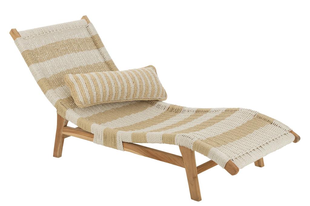 Ligbed + Kussen Strepen Geweven Plastiek/Teak Wit/Naturel - Ligbed - J-Line - livinglovely.nl