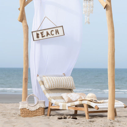 Ligbed + Kussen Strepen Geweven Plastiek/Teak Wit/Naturel - Ligbed - J-Line - livinglovely.nl