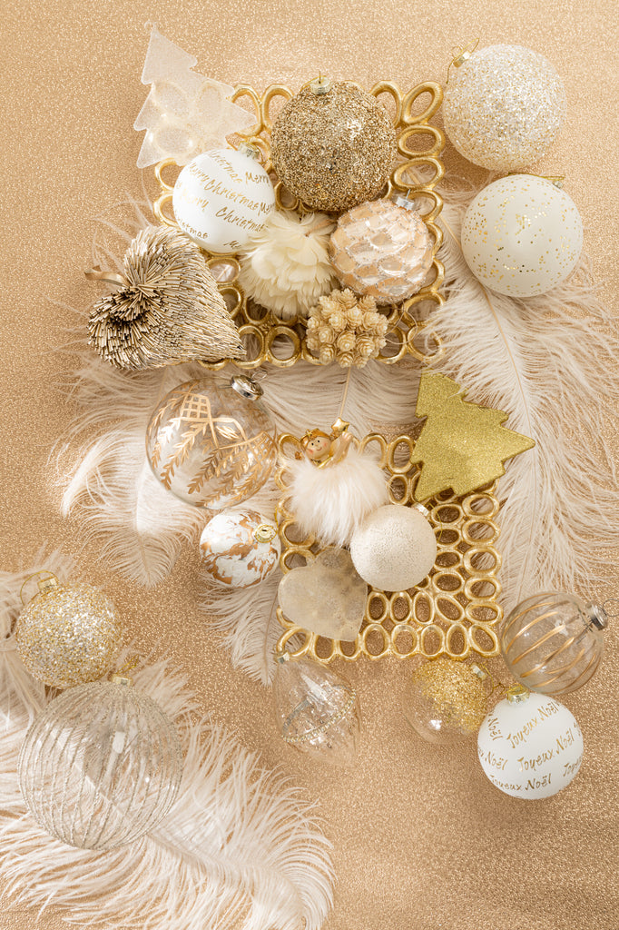 livinglovely.nl - Box Of 4 Christmas Baubles Xmas/Noel Glass White/Gold Medium - Kerstbal - J-Line - livinglovely.nl