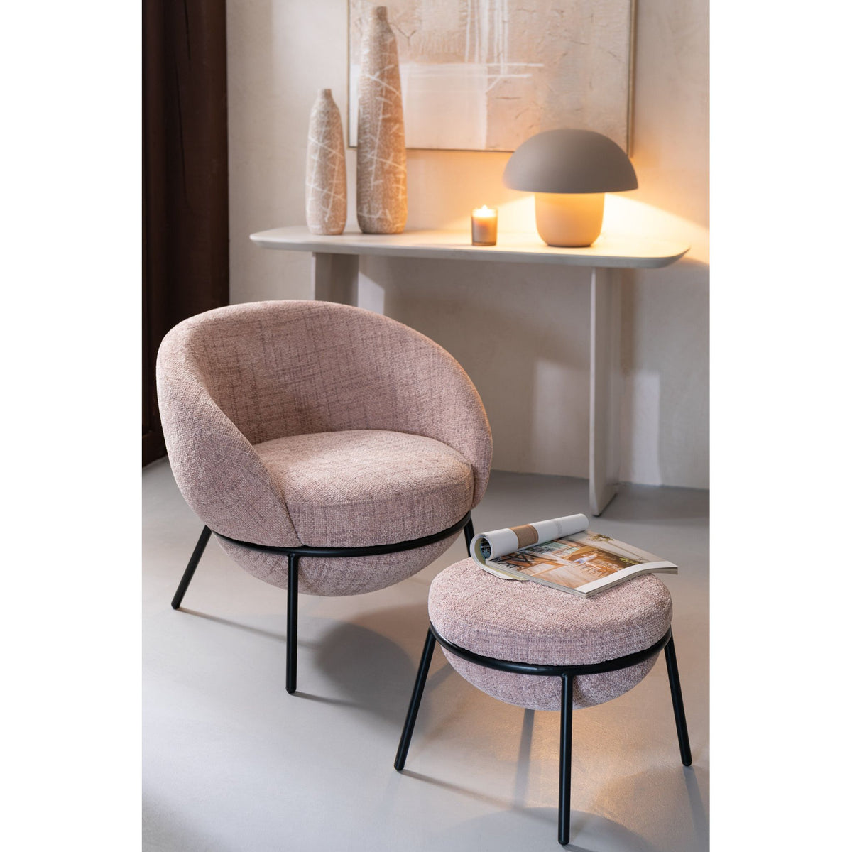 Loungestoel + Poef Ijzer Lichtroze/Zwart J-Line