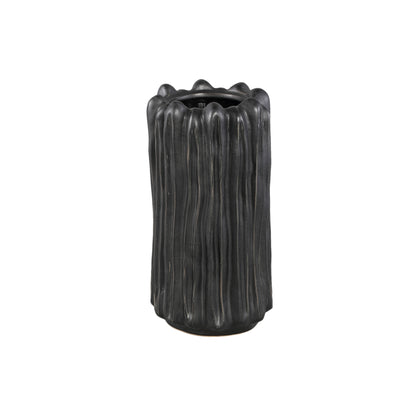 Luci Black Ceramic Vase Ribbed Round L van PTMD, zwarte geribbelde vaas op witte achtergrond