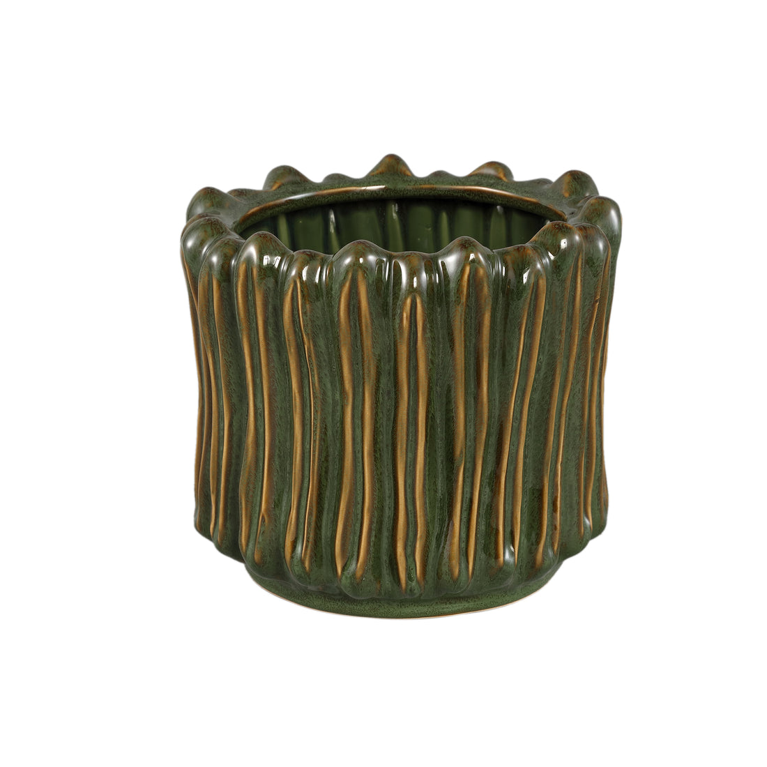 Luci Dark Green Ceramic Pot Ribbed Round XL van PTMD, donkergroene geribbelde pot op witte achtergrond