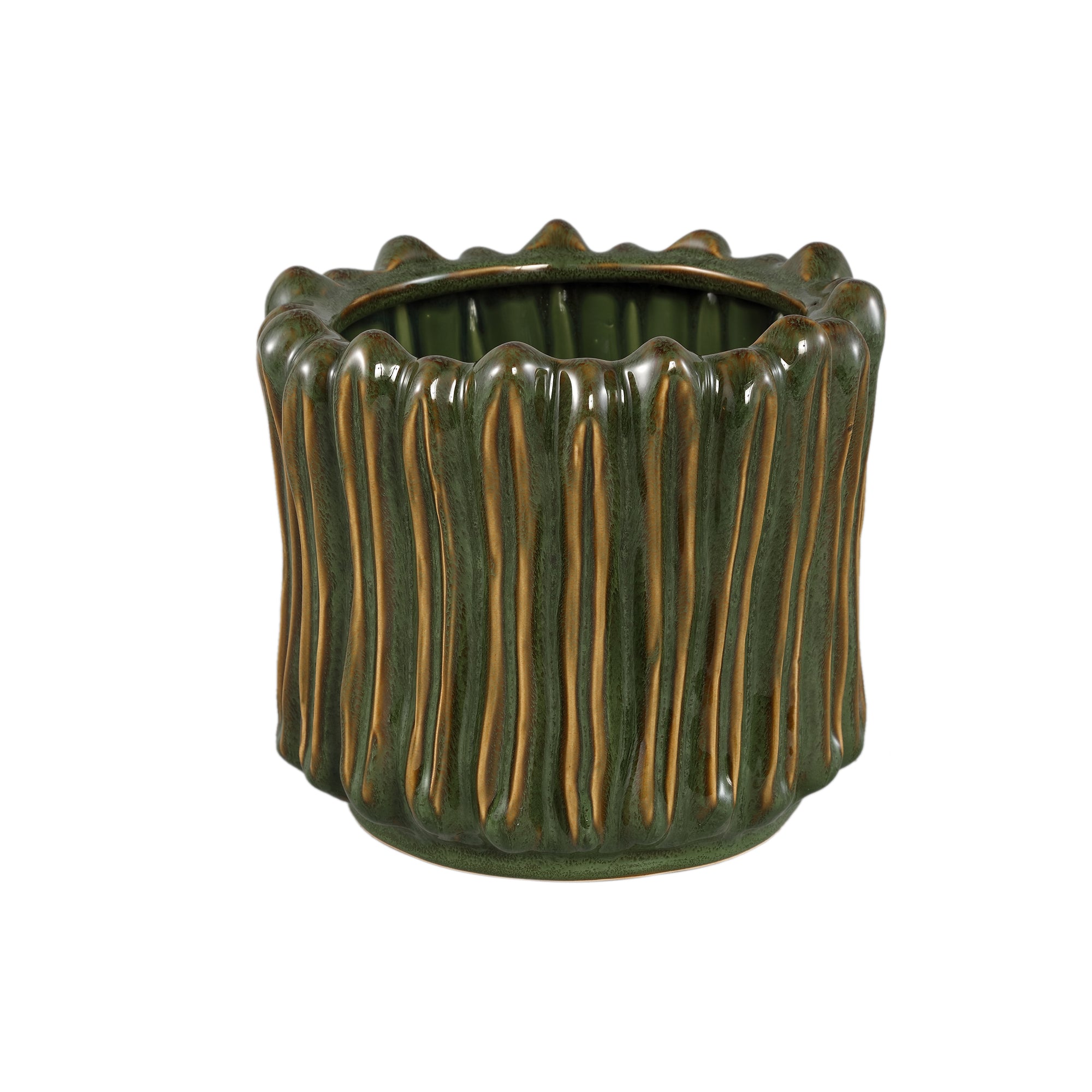 Luci Dark Green Ceramic Pot Ribbed Round XL van PTMD, donkergroene geribbelde pot op witte achtergrond