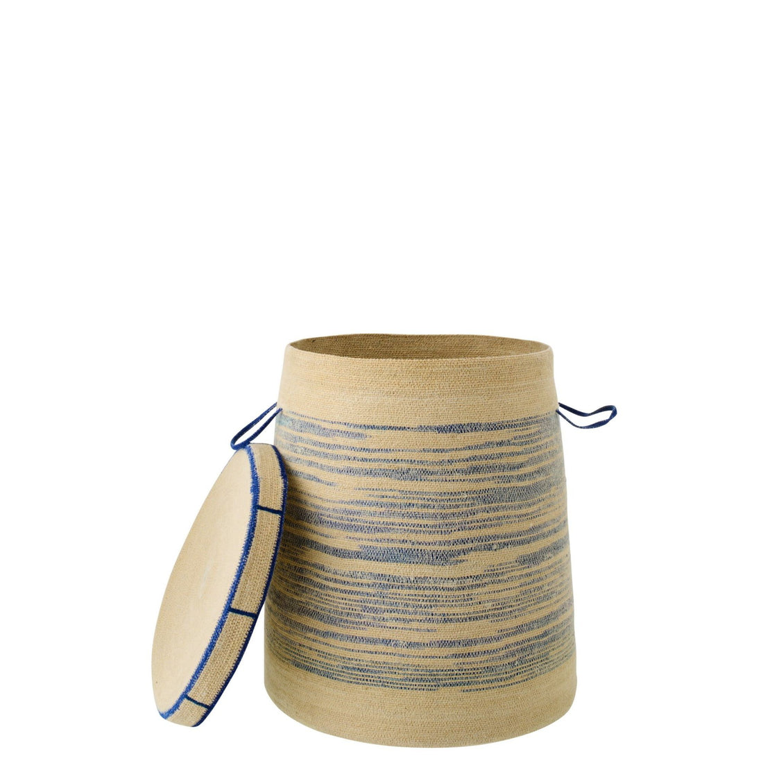 Mand Met Handvat + Deksel Gestreept Zeegras Naturel/Blauw J-Line
