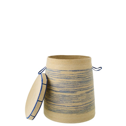 Mand Met Handvat + Deksel Gestreept Zeegras Naturel/Blauw J-Line