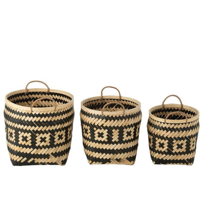 Mand Patronen Handvaten Bamboe Naturel/Zwart Set van 3 - Mand - J-Line - livinglovely.nl