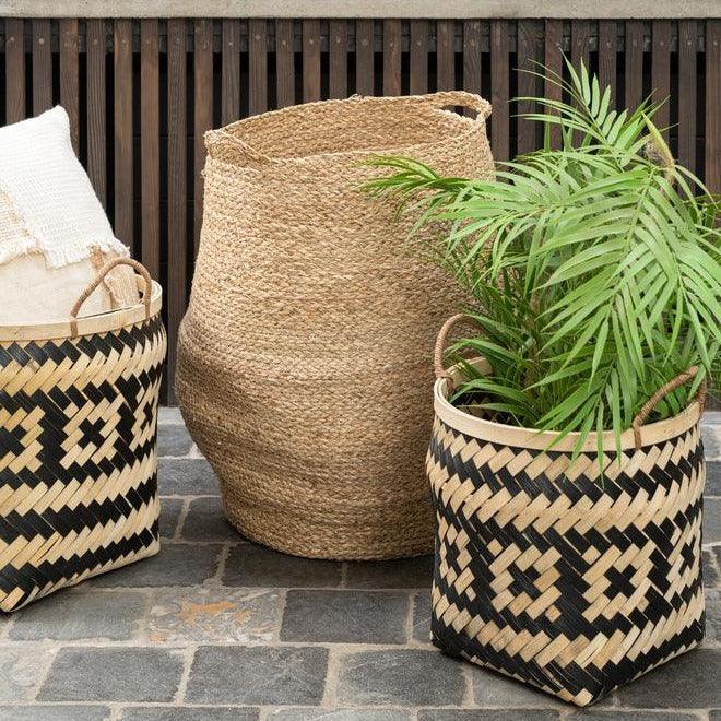 Mand Patronen Handvaten Bamboe Naturel/Zwart Set van 3 - Mand - J-Line - livinglovely.nl