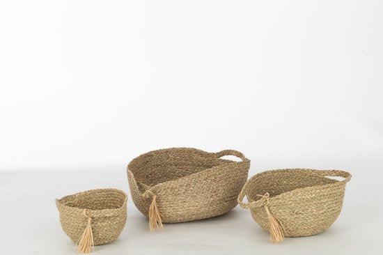 Mand Rond Met Handvat+ Kwast Gras Naturel Set van 3 - Mand - J-Line - livinglovely.nl