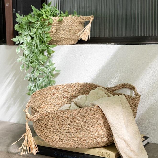Mand Rond Met Handvat+ Kwast Gras Naturel Set van 3 - Mand - J-Line - livinglovely.nl
