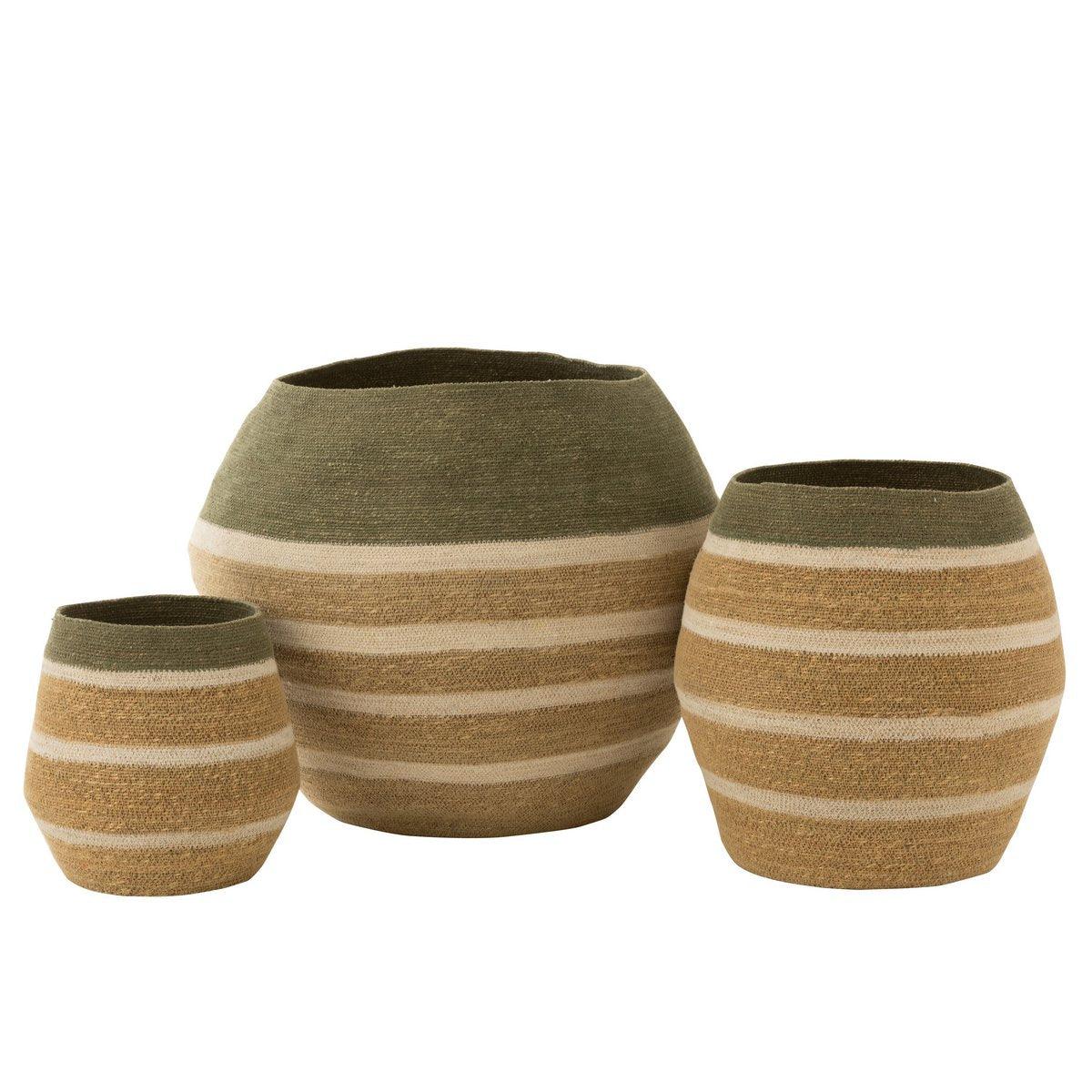 Mand Strepen Zeegras Groen/Naturel Set van 3 - Mand - J-Line - livinglovely.nl