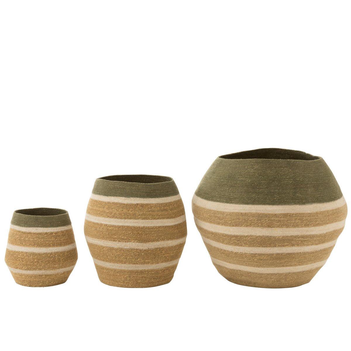 Mand Strepen Zeegras Groen/Naturel Set van 3 - Mand - J-Line - livinglovely.nl