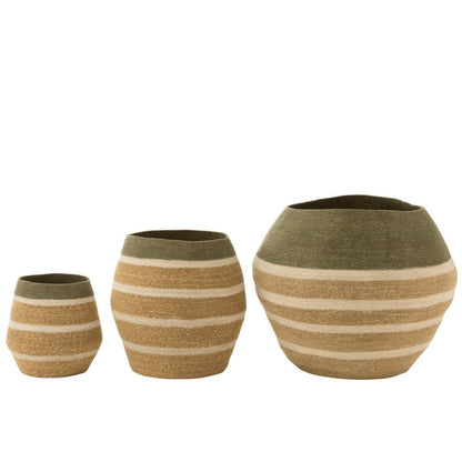 Mand Strepen Zeegras Groen/Naturel Set van 3 - Mand - J-Line - livinglovely.nl