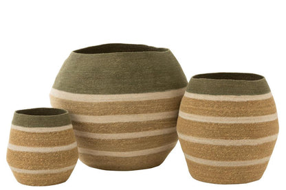 Mand Strepen Zeegras Groen/Naturel Set van 3 - Mand - J-Line - livinglovely.nl