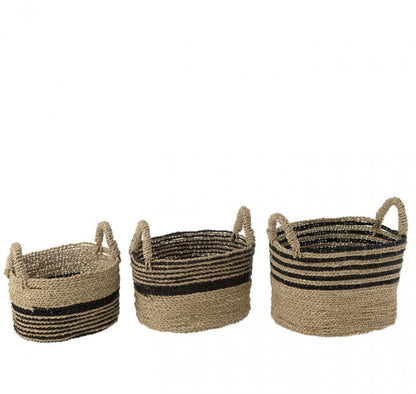 Manden Aline Raffia Zwart/Naturel Set van 3 - Mand - J-Line - livinglovely.nl