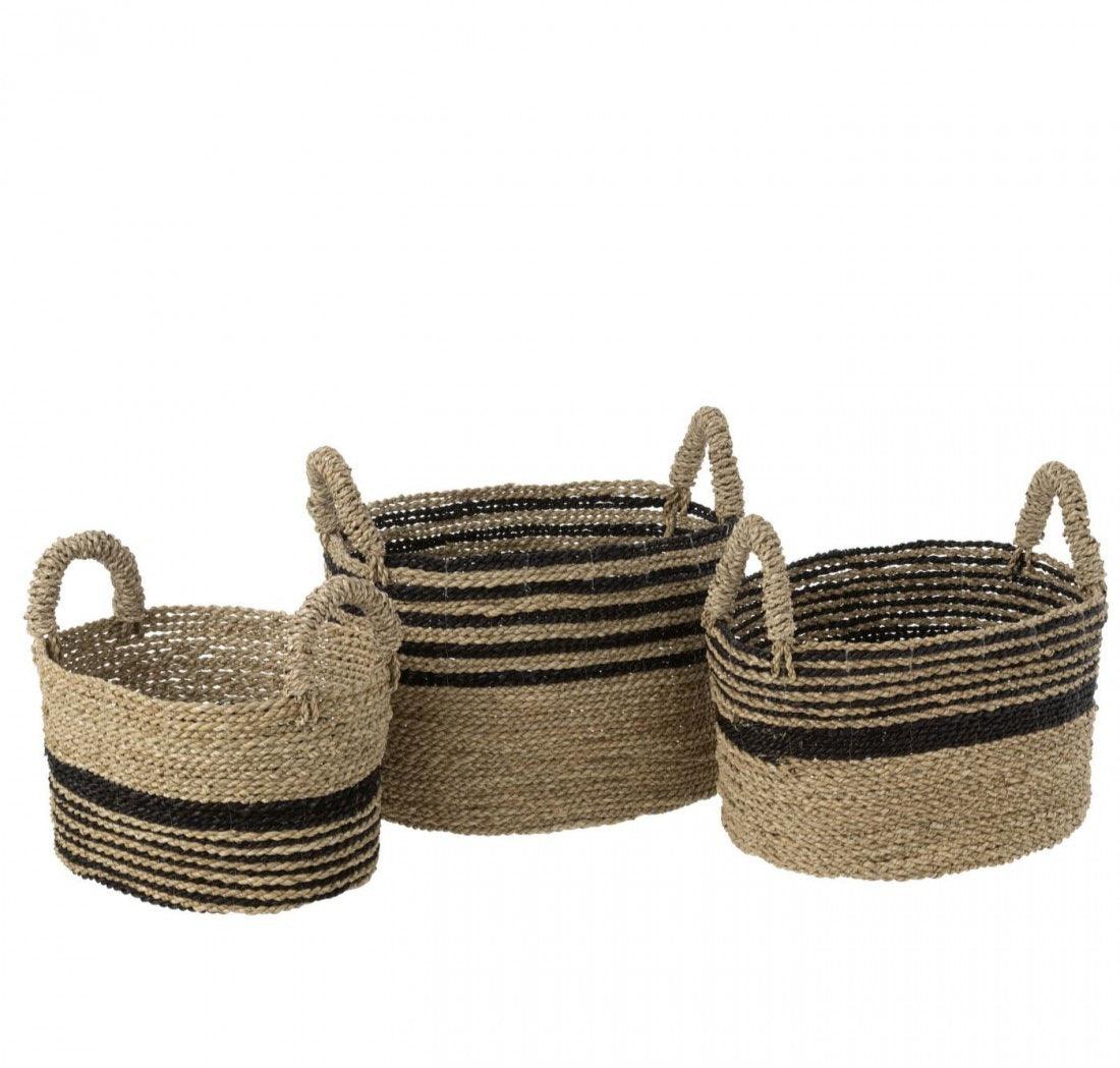 Manden Aline Raffia Zwart/Naturel Set van 3 - Mand - J-Line - livinglovely.nl