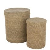 Manden Hoog Marie Zeegras met deksel Naturel Set van 2 - Mand - J-Line - livinglovely.nl