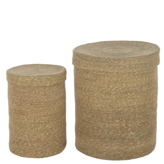 Manden Hoog Marie Zeegras met deksel Naturel Set van 2 - Mand - J-Line - livinglovely.nl
