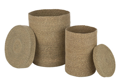 Manden Hoog Marie Zeegras met deksel Naturel Set van 2 - Mand - J-Line - livinglovely.nl