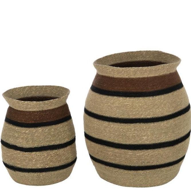 Manden Rond Gestreept Marie Zeegras Bruin Zwart Set van 2 - Mand - J-Line - livinglovely.nl