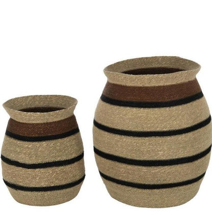 Manden Rond Gestreept Marie Zeegras Bruin Zwart Set van 2 - Mand - J-Line - livinglovely.nl