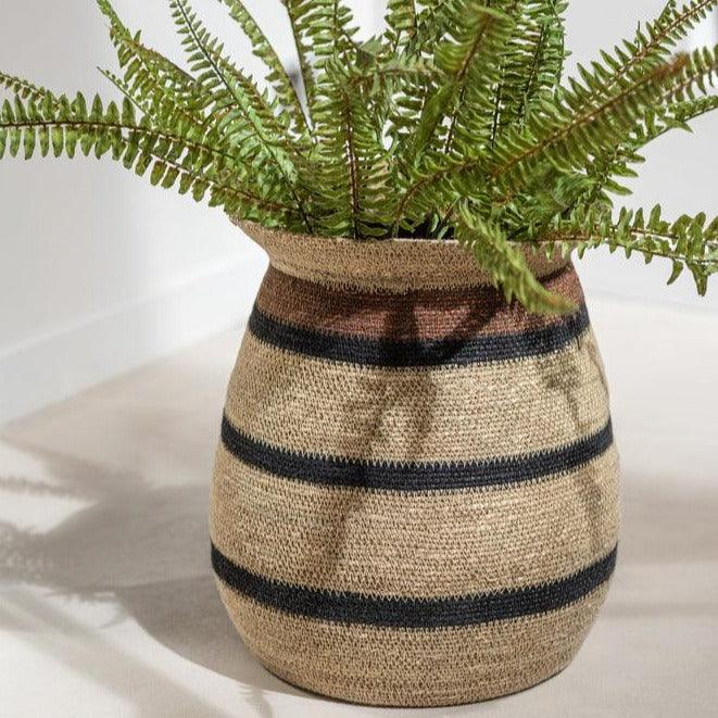 Manden Rond Gestreept Marie Zeegras Bruin Zwart Set van 2 - Mand - J-Line - livinglovely.nl