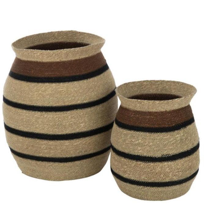 Manden Rond Gestreept Marie Zeegras Bruin Zwart Set van 2 - Mand - J-Line - livinglovely.nl