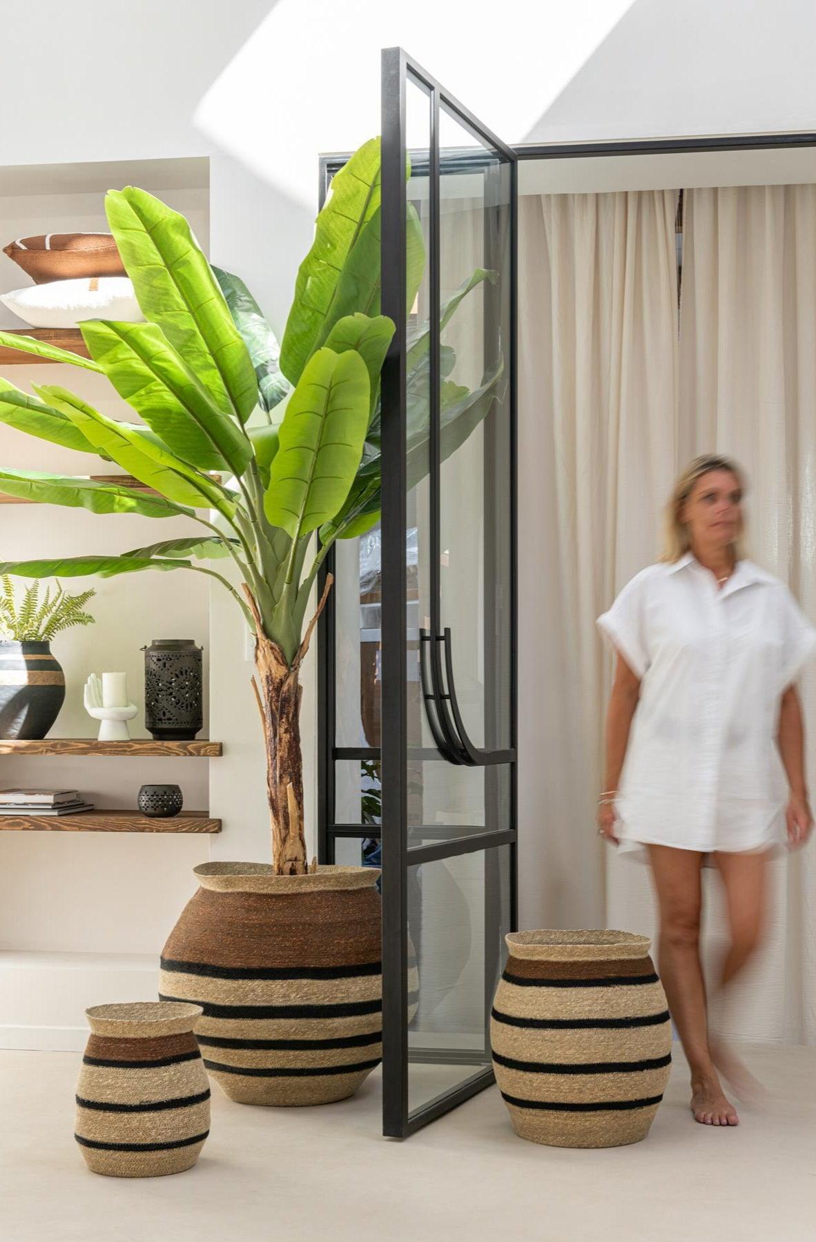 Manden Rond Gestreept Marie Zeegras Bruin Zwart Set van 3 - Mand - J-Line - livinglovely.nl