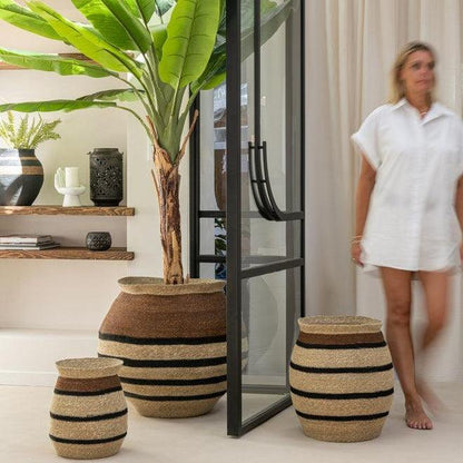 Manden Rond Gestreept Marie Zeegras Bruin Zwart Set van 3 - Mand - J-Line - livinglovely.nl