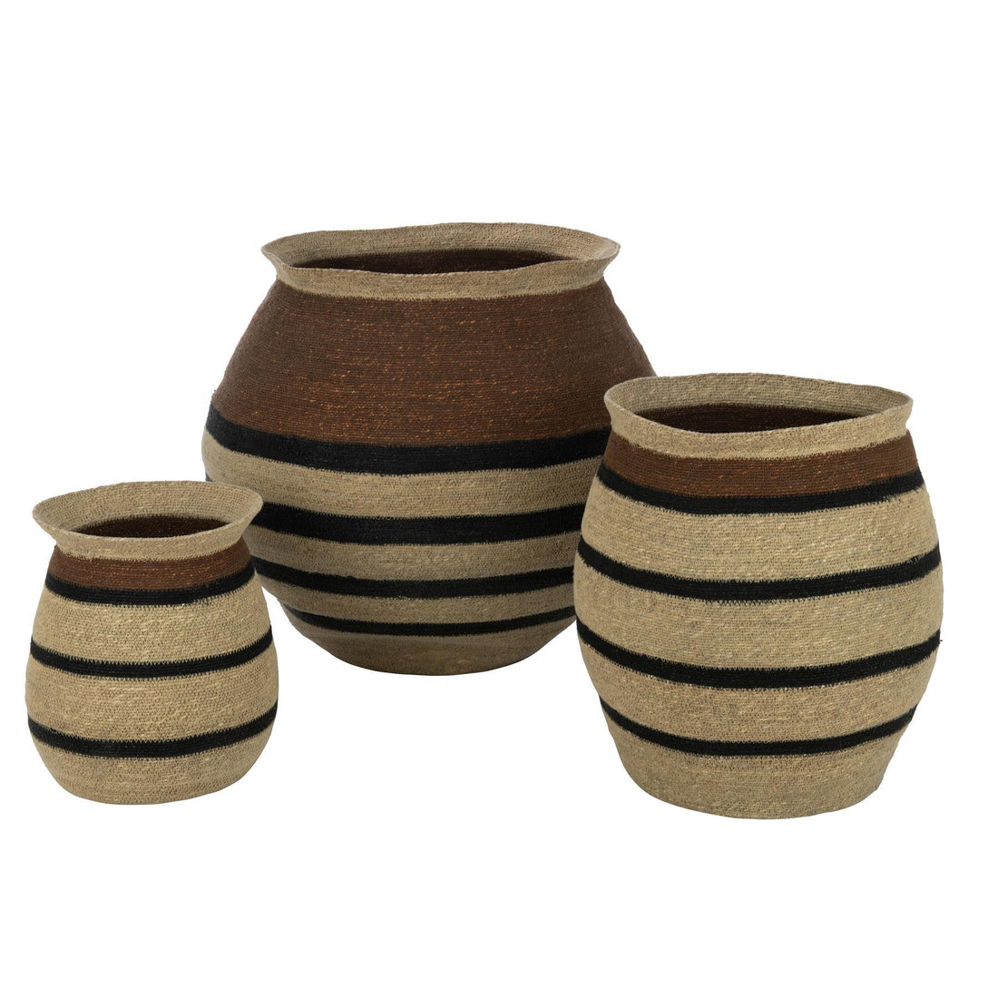 Manden Rond Gestreept Marie Zeegras Bruin Zwart Set van 3 - Mand - J-Line - livinglovely.nl