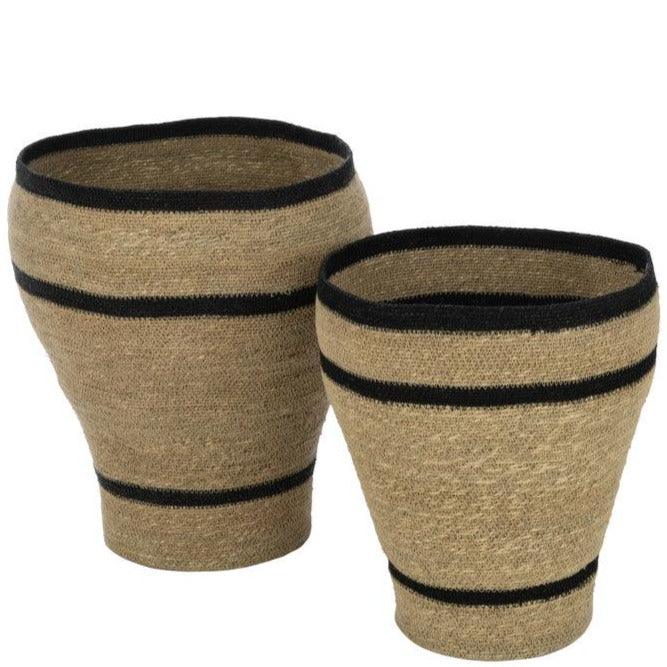 Manden Rond Gestreept Marie Zeegras Naturel Set van 2 - Mand - J-Line - livinglovely.nl