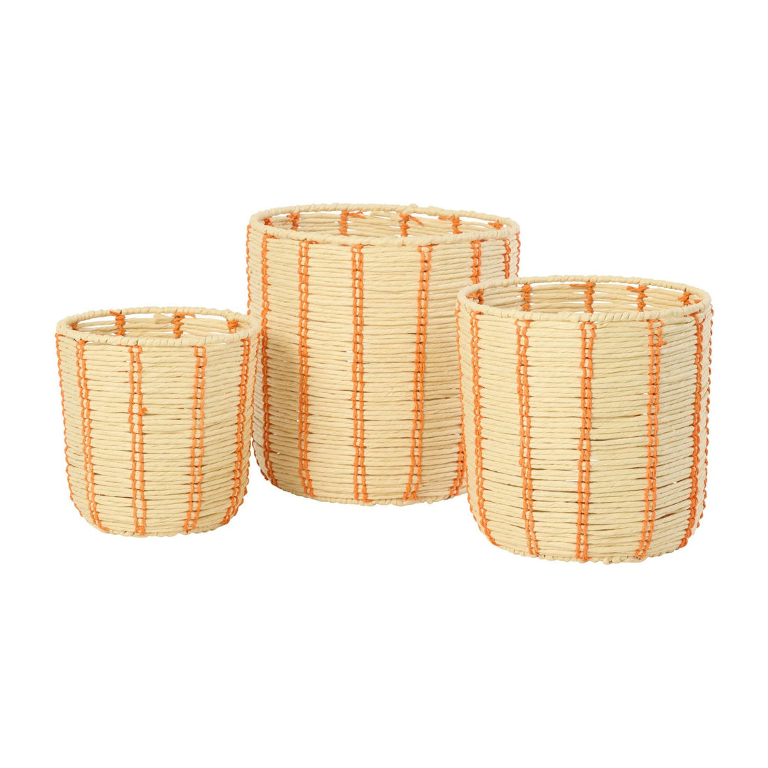 Runde gestreifte Papierkörbe Natur/Orange 3er-Set J-Line