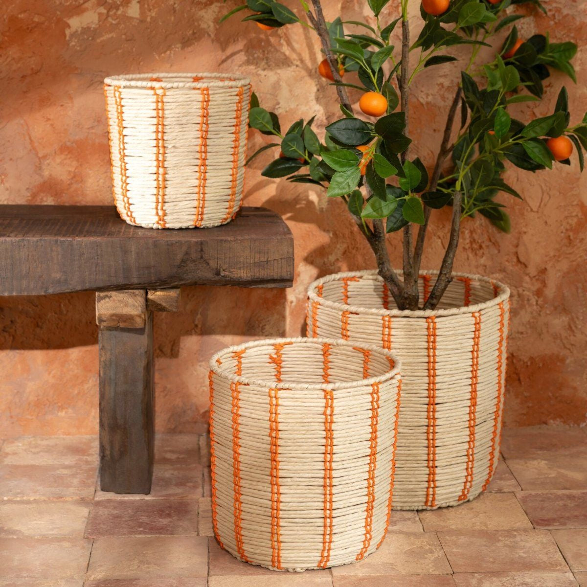 Manden Rond Gestreept Papier Naturel/Oranje Set van 3 J-Line