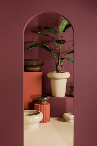 Megga Brown Big Glazed Ceramic Pot Thick Border Set van 2 PTMD - Pot - PTMD - livinglovely.nl