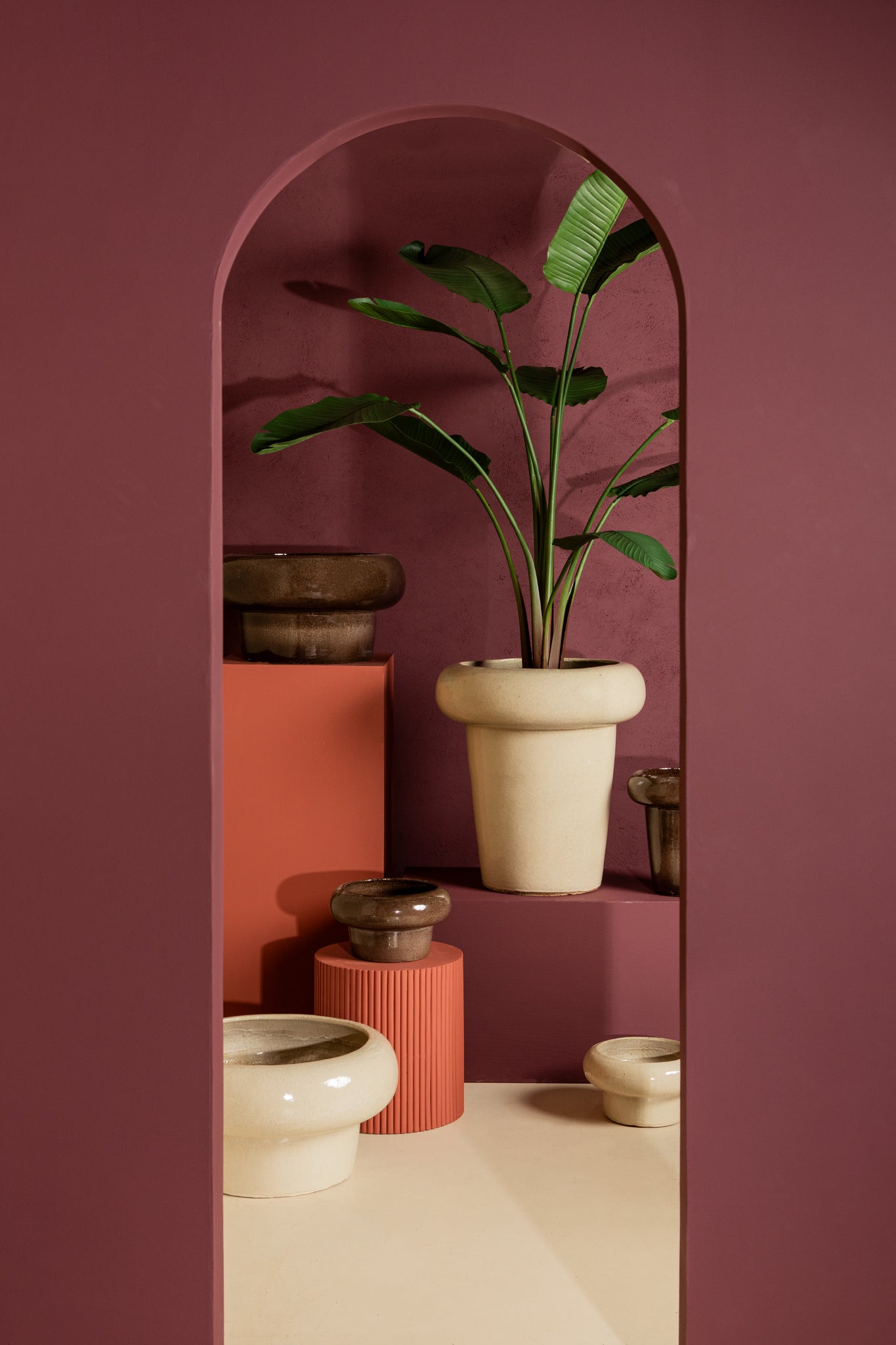 Megga Cream Big Glazed Ceramic Pot Thick Border Set van 2 PTMD - Pot - PTMD - livinglovely.nl