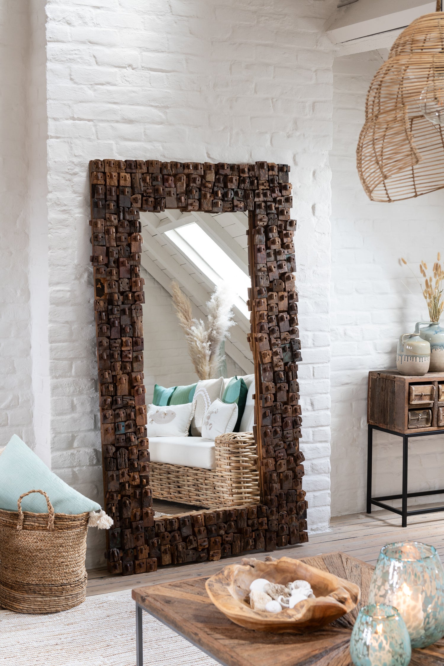 MIRROR SYMA RECYLCED WOOD/MIRROR NATURAL LARGE - - J-Line - livinglovely.nl