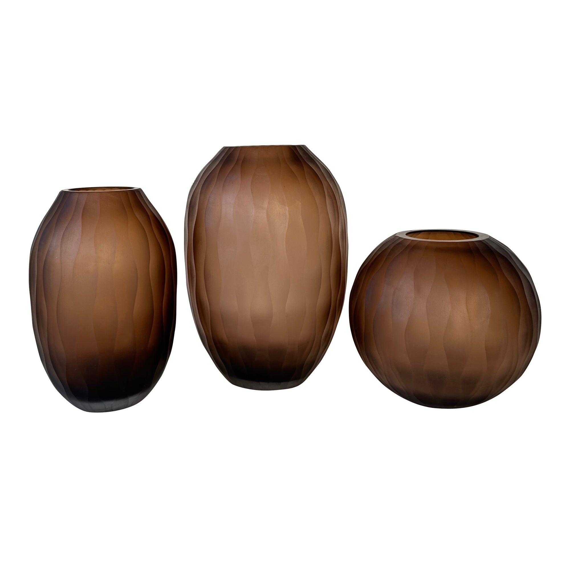 Mishan Brown Glass Round Vase Carved Wavy Pattern S PTMD - Vaas - PTMD - livinglovely.nl