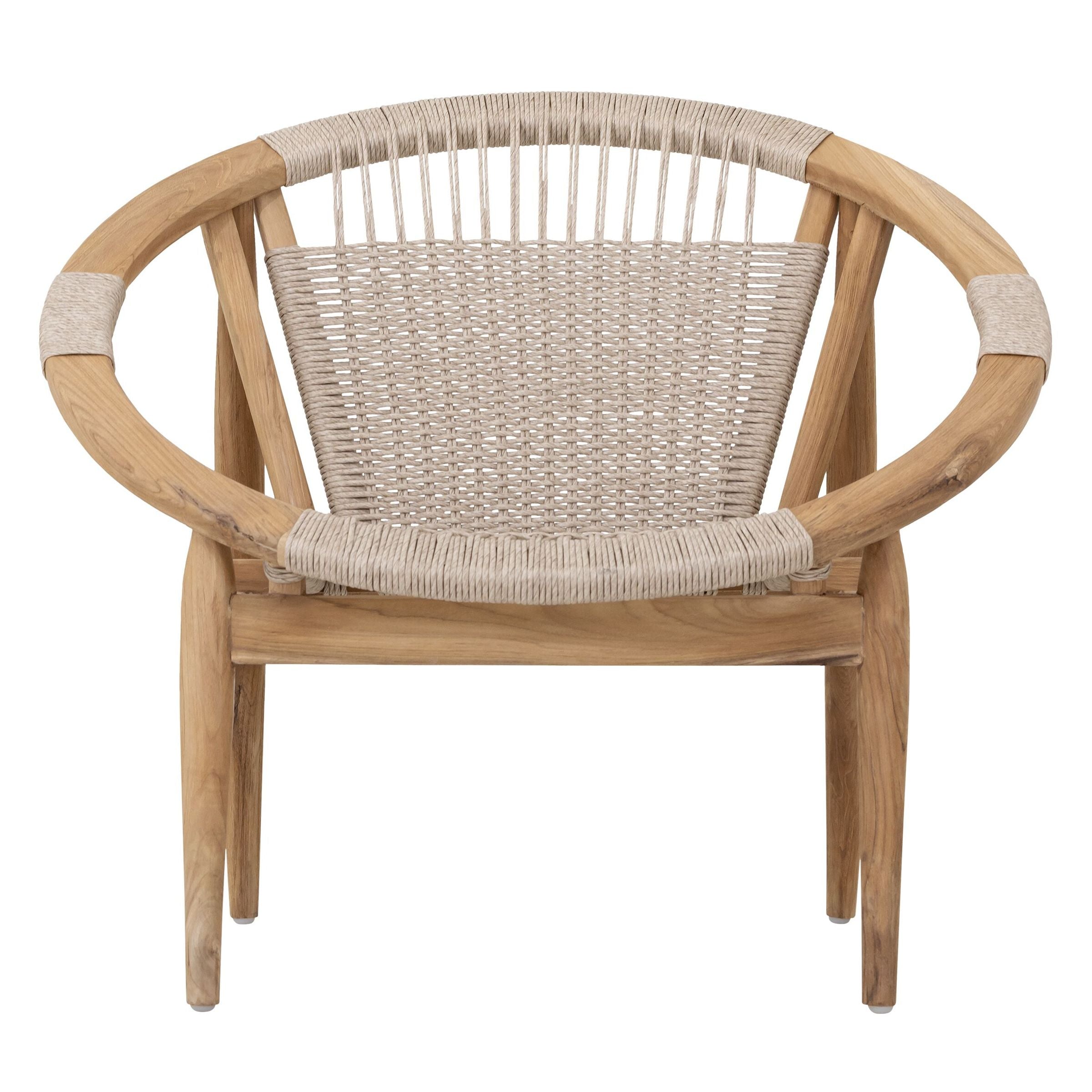 Fauteuil Kumo van MUST Living, loungestoel van gerecycled teakhout met geweven zitting van synthetisch touw