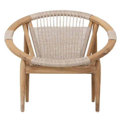 Fauteuil Kumo van MUST Living, loungestoel van gerecycled teakhout met geweven zitting van synthetisch touw