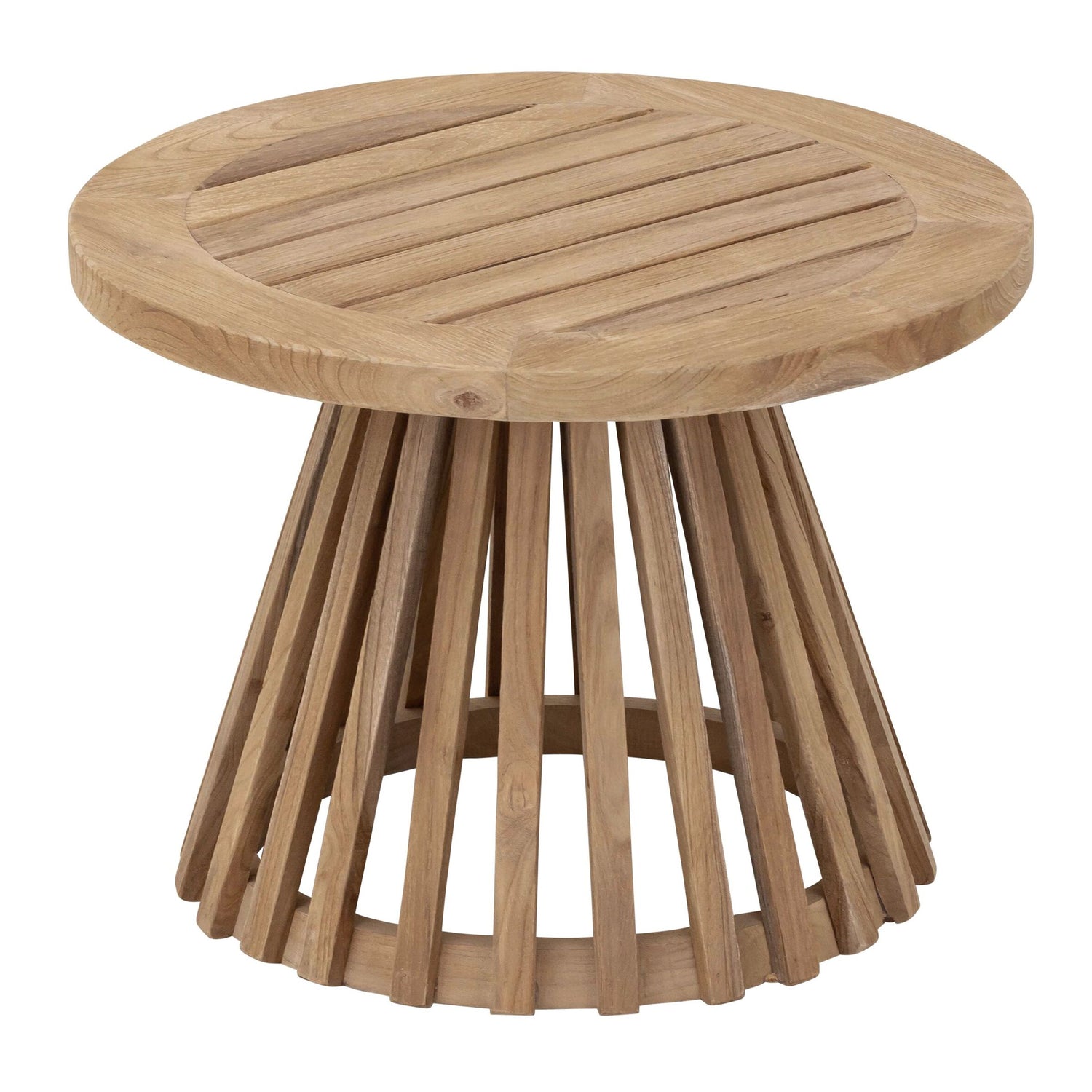Lily salontafel van MUST Living van opzij, met zicht op het slanke teakhouten onderstel