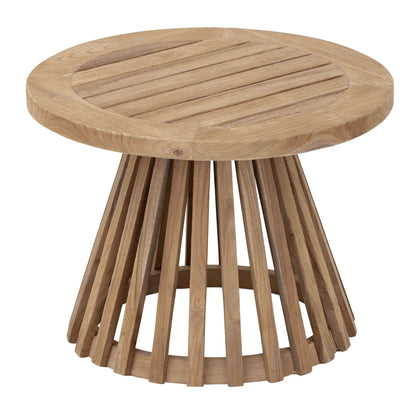 Lily salontafel van MUST Living van opzij, met zicht op het slanke teakhouten onderstel