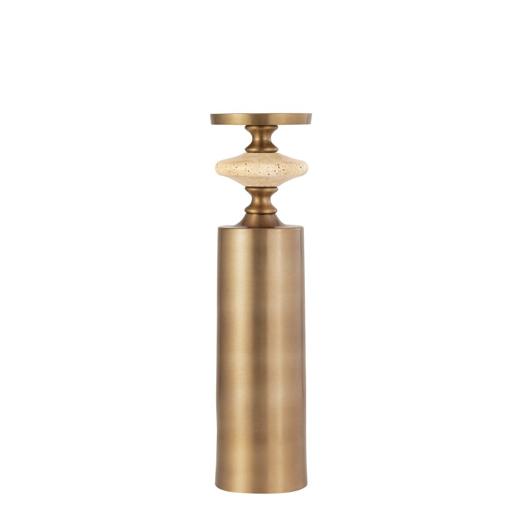 Nikolaos Brass candleholder travertine round L PTMD - Kandelaar - PTMD - livinglovely.nl