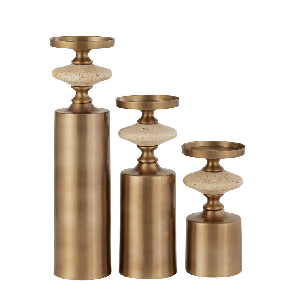 Nikolaos Brass candleholder travertine round L PTMD - Kandelaar - PTMD - livinglovely.nl