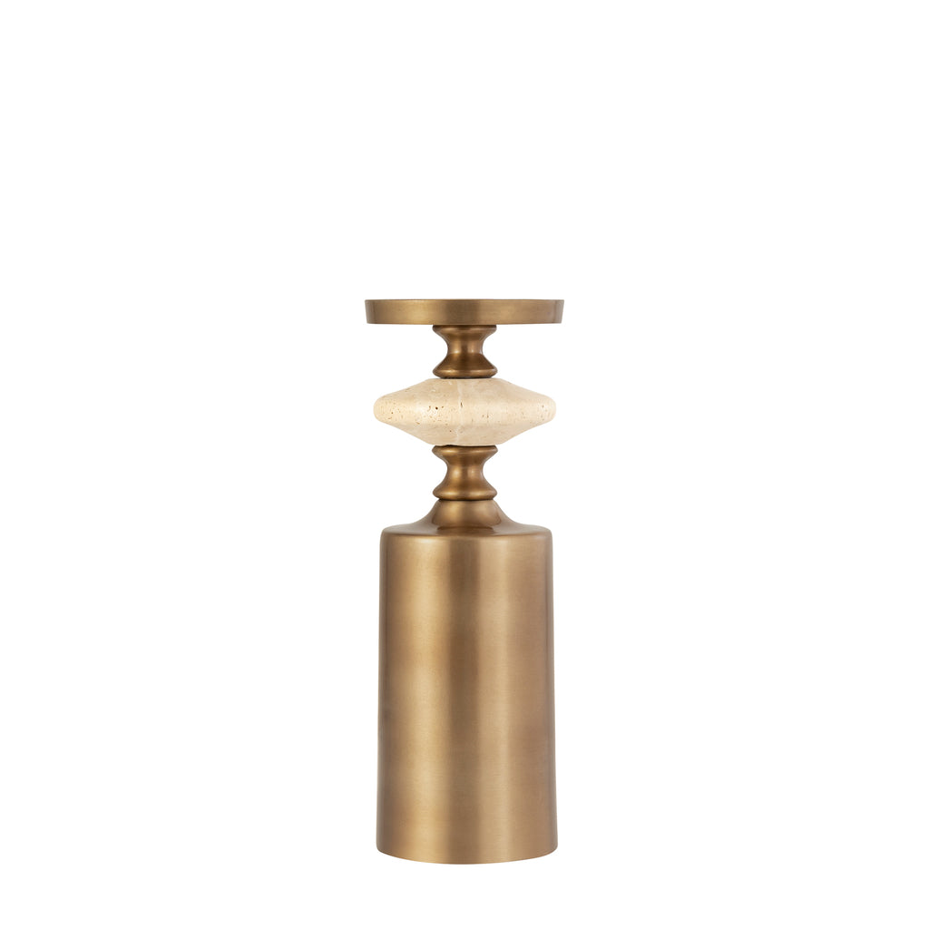 Nikolaos Brass candleholder travertine round M PTMD - Kandelaar - PTMD - livinglovely.nl