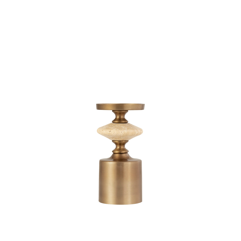 Nikolaos Brass candleholder travertine round S PTMD - Kandelaar - PTMD - livinglovely.nl