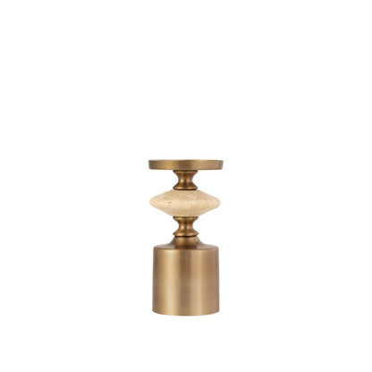 Nikolaos Brass candleholder travertine round S PTMD - Kandelaar - PTMD - livinglovely.nl