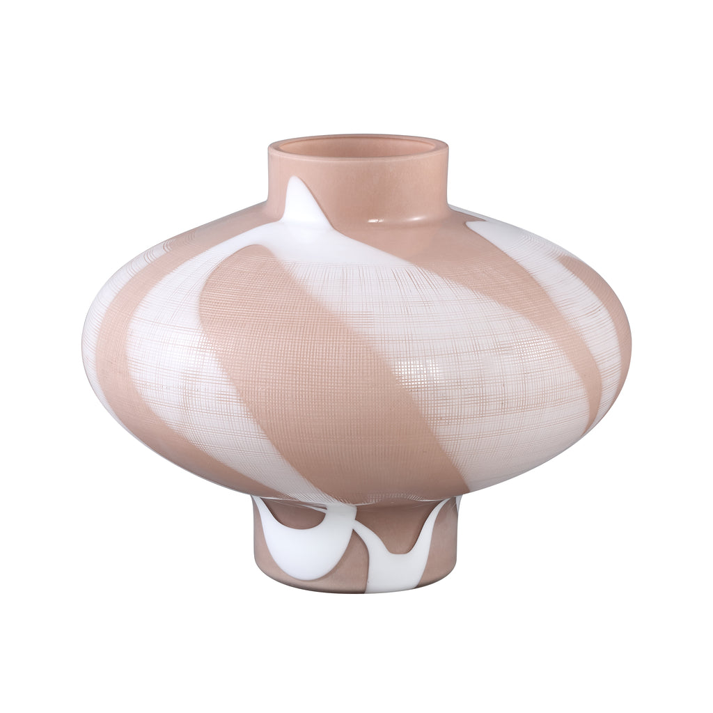 Nuhin Cream Glass Vase White Stripes Round On Base PTMD - Vaas - PTMD - livinglovely.nl